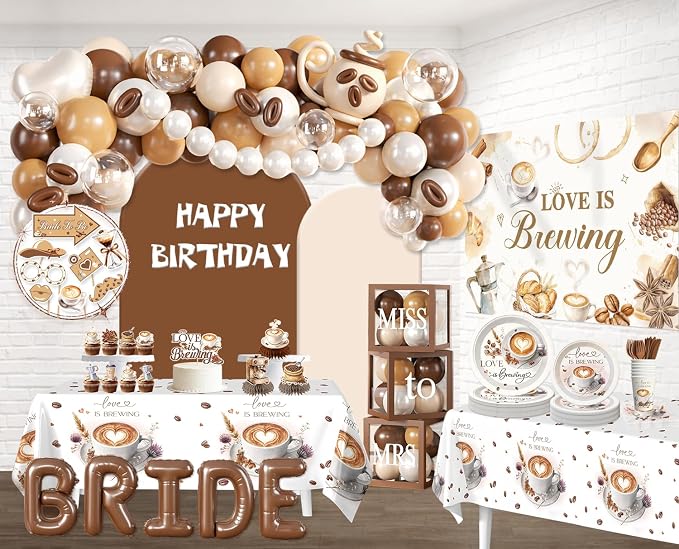 316 pcs Love Is Brewing Bridal Shower Decorations, All-in-One Bridal Shower Decor Set for 25 Guests with Balloon Arch, Bridal Veil, Tablecloth, Backdrop, Cake Topper, Thick Plates and Photo Props