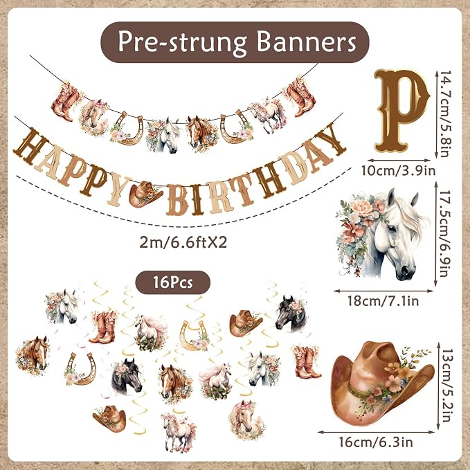 Horse Birthday Decorations for Girls, Brown and Pink Horse Cowgirl Party Decorations with Cowgirl Hanging Swirls, Happy Birthday Banners, Western Party for Women