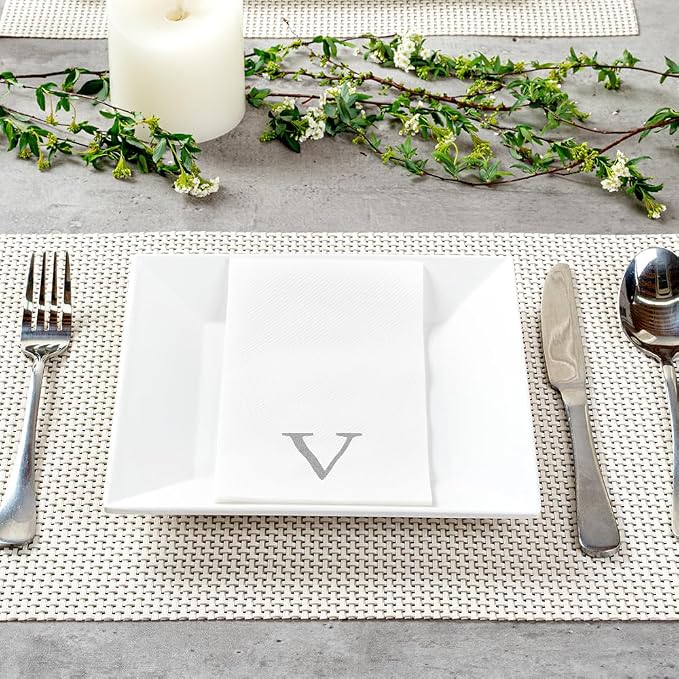 Luxenap 15.8 X 7.9 Inch Linen-Feel Guest Towels, 50 Lettered Hand Towels - Silver Letter 'V', Sans Serif Font, White Paper Dinner Napkins, airlaid, For Restrooms And Tables - Restaurantware