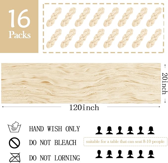 16 Pack Ivory Cheesecloth Table Runner 20 x 120 inch Gauze Table Runners 10 FT Long,Semi Sheer Cheese Cloth Fabric Table Runner Bulk for Wedding,Party,Baby Shower,Bridal Shower Decoration