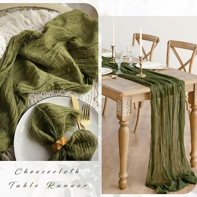 6 Pieces 10FT Olive Green Cheesecloth Table Runner Boho Gauze Fabric Runner for Tables Rustic Sheer Runner for Wedding Bridal Shower Birthday Holiday Party Table Arbor Decor (35 x 120 Inches Long)