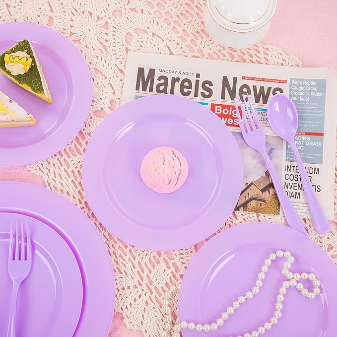 KIRE 150 PCS Purple Plastic Plates - Purple Dinnerware Set Disposable 25 Dinner & 25 Salad Plates 25Forks 25Knives 25Spoons 25Clear Cups for Birthday/Baby Shower/Easter/Spring