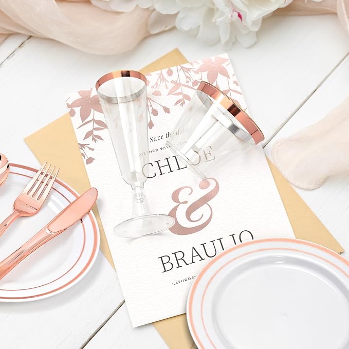 150PCS Rose Gold Plastic Plates Set for 25 Guests, 7.5" Small Disposable Dessert Plates with 9oz Cups,5oz Champagne Flutes & Spoons, Forks & Knives for Birthday, Wedding & Elegant Party Supplies