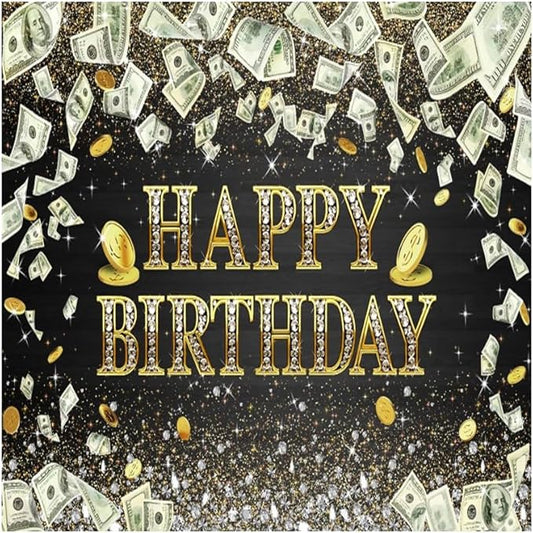 8x8ft Money Birthday Backdrop Dollar Bill Gold Coins Bday Party Background Supplies Money Happy Birthday Party Backdrop Black and Gold Banner Sparkle Glitter Diamonds Decor Gifts Photobooth