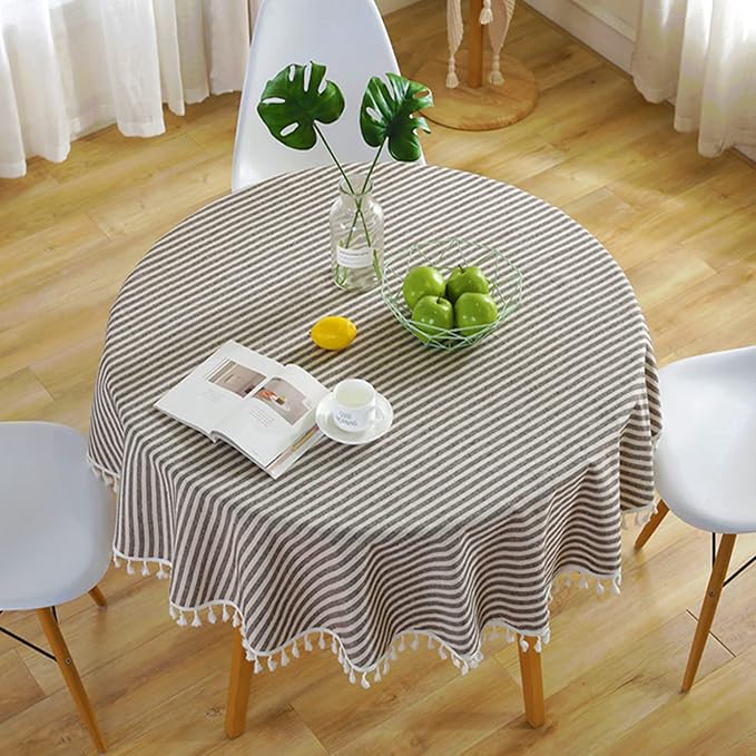 meioro Round Tablecloth Stripe Tassel Table Cloth Cotton Linen Dust-Proof Table Cover for Dining Circle Coffee Side End Card Table, Parties Tablecloths (Coffee Brown, 47 Inch)