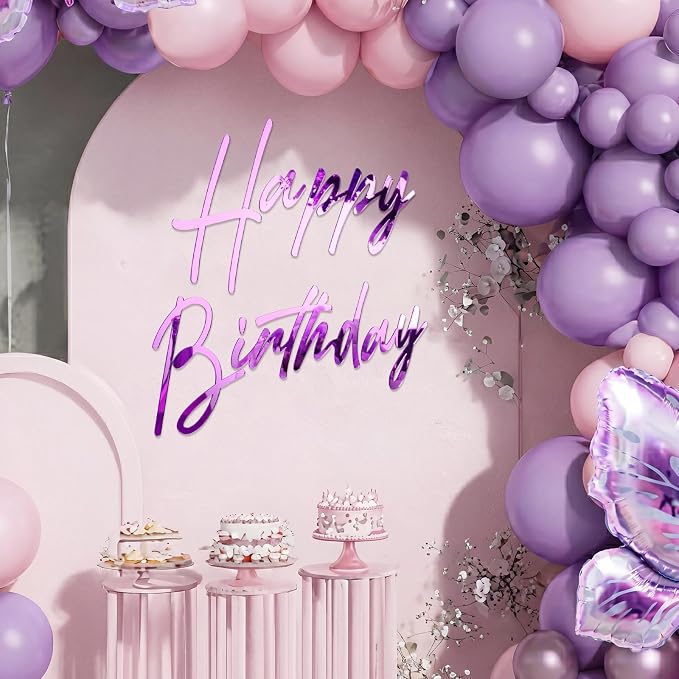 Yousoontic Happy Birthday Sign for Backdrop Large Happy Birthday Sticker Letter Acrylic Mirror Decal for Balloon Arch Wall Kpop Party, Peel Off Acrylic Film(23 x 20 Inches,Classic,Purple)