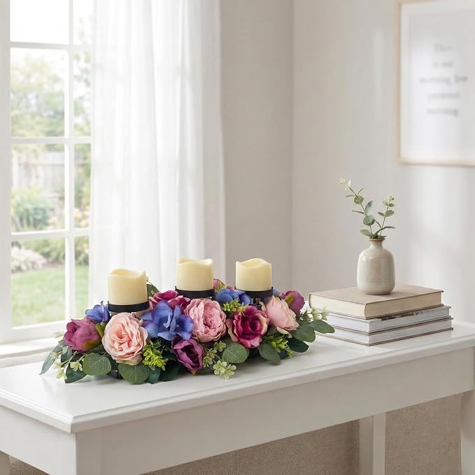 Svndlyn 25" Spring Summer Floral Candle Holder Centerpiece for Table Decor | Triple Candle Cups with Pink Roses, Blue Blooms and Greenery for Table and Summer Decor