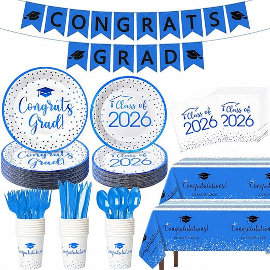 354Pcs Blue Black Graduation Decorations Set ,2026 Graduation Party Supplies Serves 50,Includes Congrats Grad Banner Paper Plates Cups Napkins Tablecloths Tableware for Class of 2026