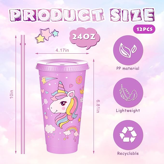 Uiifan 12 Pcs Unicorn Cups Party Favors Goodie Cups Unicorn Birthday Decorations 24 oz Plastic Reusable Tumbler with Lid and Straw Birthday Party Favors Supplies for Girls Boys