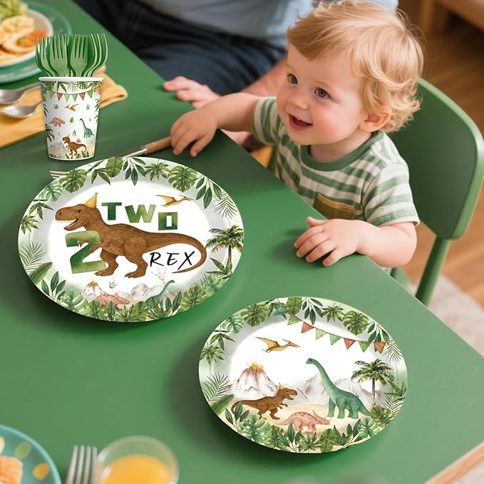 cocomigo 237pcs Two Rex Birthday Decorations Boy Complete Party Set, Dinosaur Birthday Decorations 2, Serves 20 Guests, 2 Year Old Party Decor Boy, 2nd Party Decor for Boys