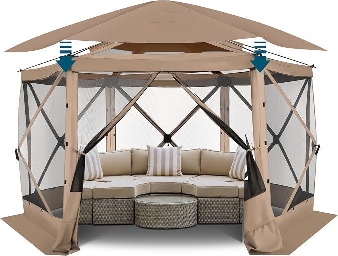 COBIZI 12x12 FT Pop Up Canopy Stargazing Tent, Gazebos On Clearance with Removable Roof,Instant Screened in Gazebo, Screen Tents Portable carpas para Patio for Outdoor Camping,Backyard, Garden, Khaki