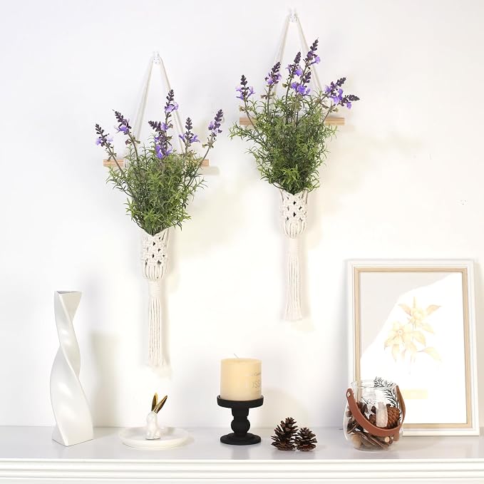 Macrame Wall Hanging Plant with Artificial Lavender, Boho Indoor Wall Decor, 2 Pack