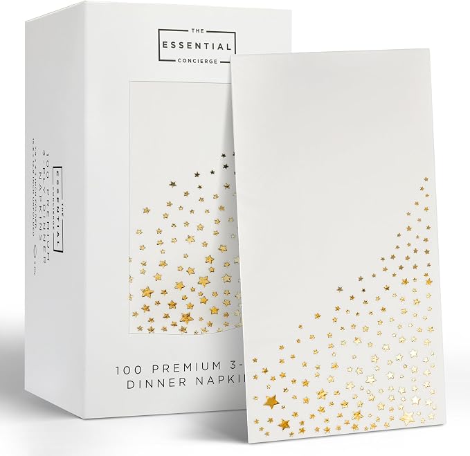 Stylish Gold Star Napkins, 100 White and Gold Dinner Napkins, Disposable 7.5 x 4.25 Inch Serviettes for Party or Wedding