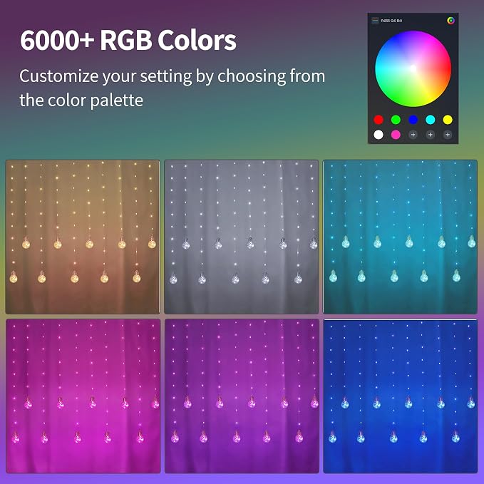 Color Changing Wishing Ball Curtain Lights, 9.8 x 3.3 FT RGB LED Fairy Light with Remote App Control, Music Sync Window Backdrop Wall Hanging Lights for Bedroom Party Halloween Christmas Decoration