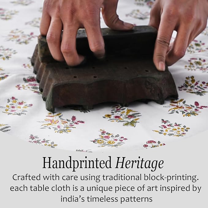 CPC Block Print Tablecloth Fall Green 60"x60" Square 100% Cotton Reusable Table Cover, Everyday Decorative Table Cloth Use for Dining, Farmhouse, Home Gift for Spring, Mother's Day