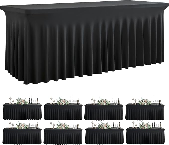 Outpain Black Spandex Tablecloth for 8 Foot Rectangle Tables, 8 Pack Black Fitted Table Cloths 8ft Stretchy Banquet Table Clothes Cover Desk Skirt for Birthday Wedding Parties Baby Shower