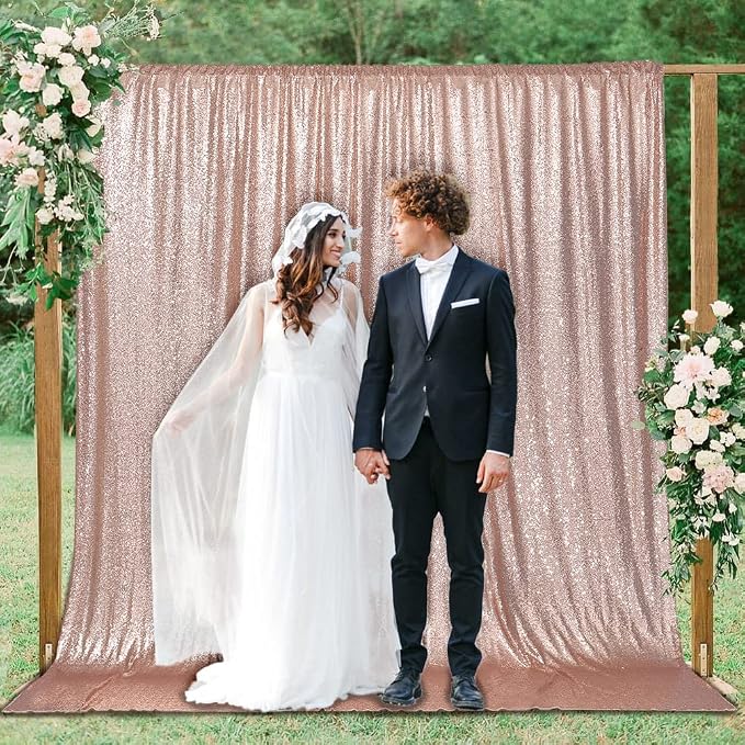 PartyDelight Rose Gold Sequin Backdrop 6x6ft 4 Inch Rod Pocket | Dense 3mm rose gold sequins on mesh backing with 4 inch rod pocket for full body photos ceremony arches party walls and stage