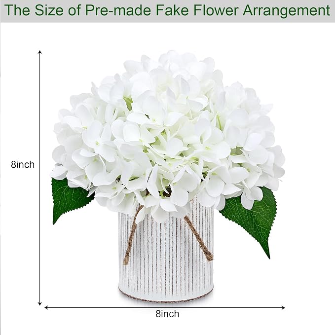Flower Table Centerpieces - Set of 6 Floral Arrangement Artificial Wedding Hydrangeas Floral Arrangement with Rustic Metal Vase for Bridal Tea Party Event Decorations - Ivory White