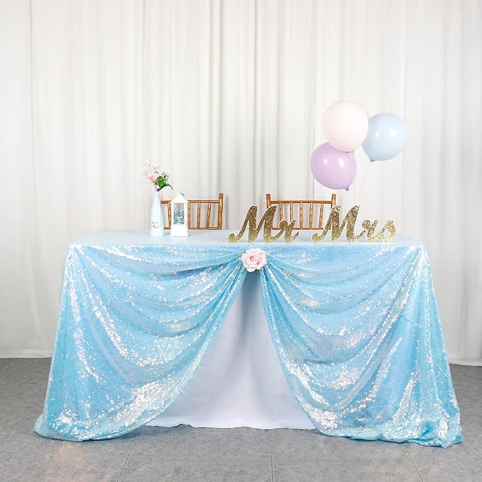 ShiDianYi Aqua Tablecloth Rectangle 60X102 Inch Sequin Fabric Tablecloths Iridescent Blue Sequin Overlay Glitter Table Cloth Mermaid Table Cover for Birthday Party