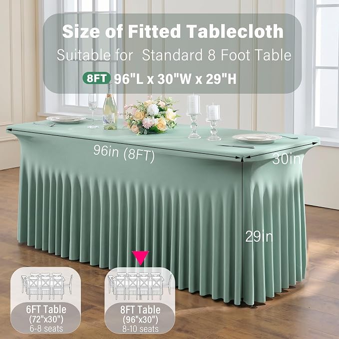 2 Pack Sage Green Spandex Table Clothes for 8 Foot Rectangle Tables, Wrinkle Free Fitted Table Cover 8ft Stretch Tablecloths Desk Skirt for Parties Weddings Birthday Banquet Baby Shower