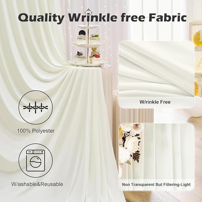 60ft x 10ft Wrinkle Free Ivory Backdrop Curtain for Parties, 12 Panels 5x10ft Silky Polyester Ivory Wedding Backdrop Drapes Photo Back Drop Cloth for Birthday Baby Shower Photography Background