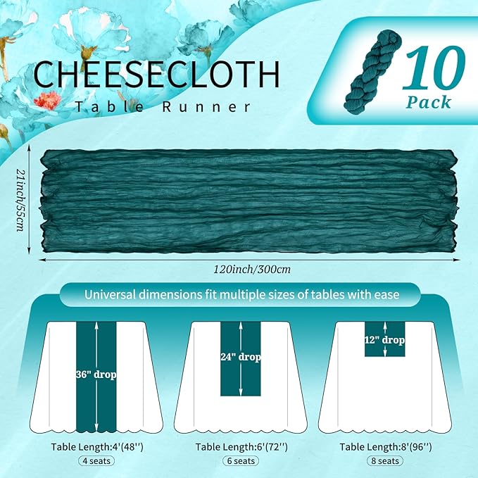 10 Pack Teal Cheesecloth Table Runner 10FT Boho Gauze Cheese Cloth Table Runners Romantic Rustic Sheer Table Decorations for Wedding Party Baby Shower Birthday Holiday Home
