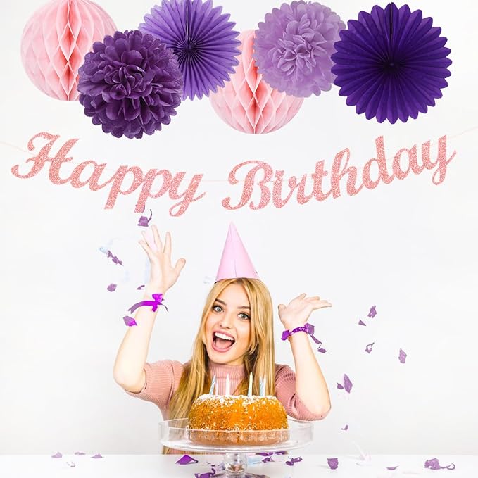 Purple Pink Birthday Party-Decorations Paper-Flowers - 14pcs Happy Banner Lavender Lanterns Tissue Pom Poms,Lilac Streamers Garland Fans Honeycomb,Women Girls Adult Kids Hanging Supplies Decor Hugfond