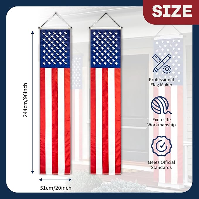Bradford American Door Banners 2 pcs 250 Anniversary Decorations, Embroidered 20x96 Inch Hanging USA US Flags with 2 Brass Grommets for Memorial Day 4th of July Décor
