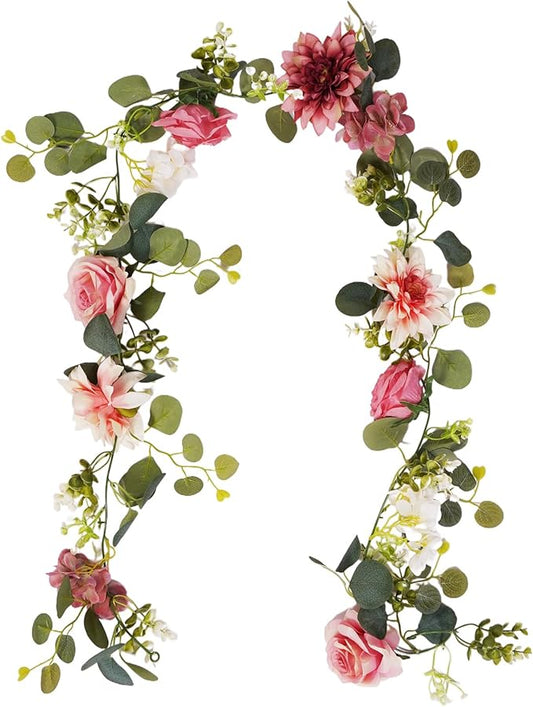 Flower Garland Decorations, 6.14Ft Pink Flowers Rose Garland, Artificial Eucalyptus Greenery Vines with Floral for Wedding Wall Arch Table Centerpieces Backdrop Room Decor (Pink)