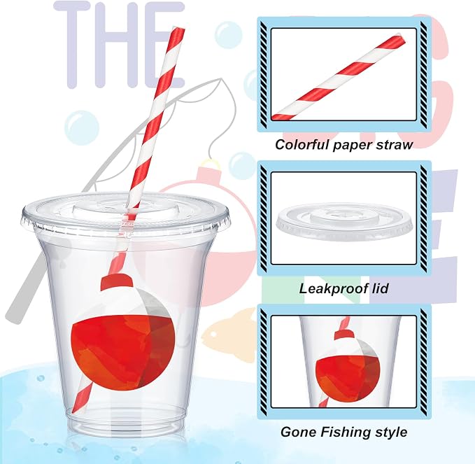 Qinyoung 60 Sets Watercolor Gone Fishing Party Cups with Lids and Paper Straws 14 oz Disposable Clear Plastic Cups Bulk for Gone Fishing Birthday Party Favor Supplies Decorations