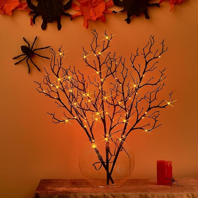 Birchlitland Halloween Branch Lights with Timer Battery Operated 75 LED Orange Fairy Lights, Lighted Black Willow Branches 21IN for Home Decor