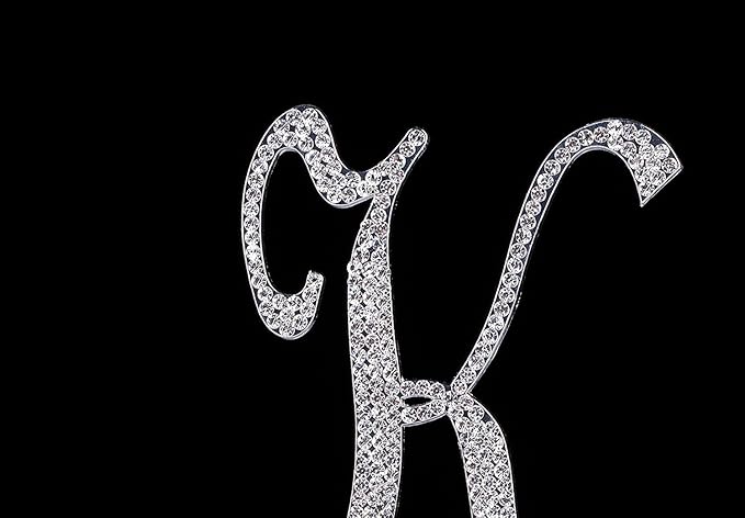 LOVENJOY Gift-Boxed 3.7" Sparkly Crystal Rhinestone Letter K Cake Topper Silver