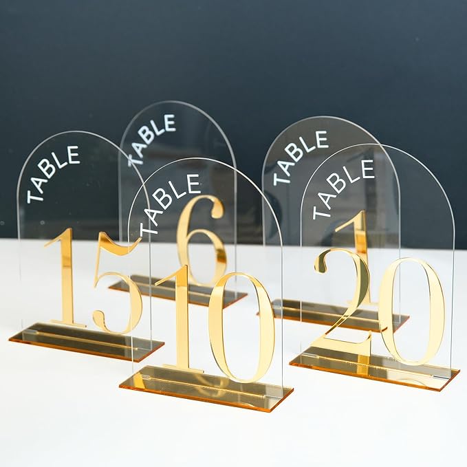Arch Wedding Table Numbers 1-15 with Stand,15 Pack 5x7 Inch Clear Arch Acrylic Sign with Gold Number, Clear and Gold Acrylic Table Numbers for Wedding Reception