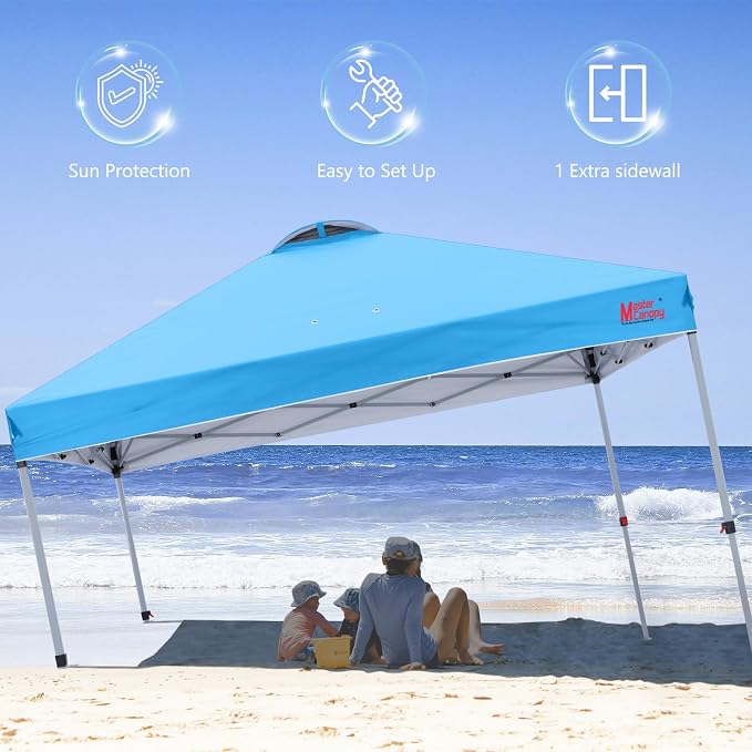 MASTERCANOPY 10x10 Pop Up Canopy Tent with 1 Sidewall, 1 Person Setup Instant Shelter, Outdoor Portable Beach Canopy, 1 Roller Bag, 4 Sandbags, 4 Ropes, 8 Stakes (10x10, Sky Blue)