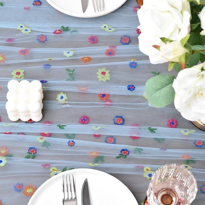 Joanlody 3pcs Blue Summer Flower Table Runner 10ft Embroidery Daisy Floral Seasonal Tulle Table Runner for Home Garden Tea Party Holiday Birthday Decoration