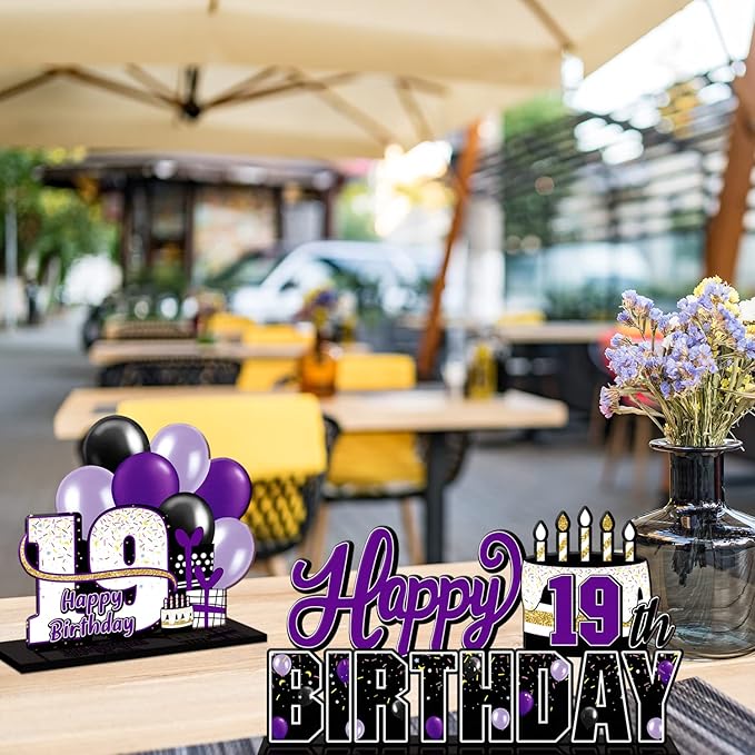 LINGTEER Happy 19th Birthday Purple Acrylic Table Topper Centerpieces Set - Cheers to Nineteen Years Old Birthday 19th Bday Party Gift Decorations.