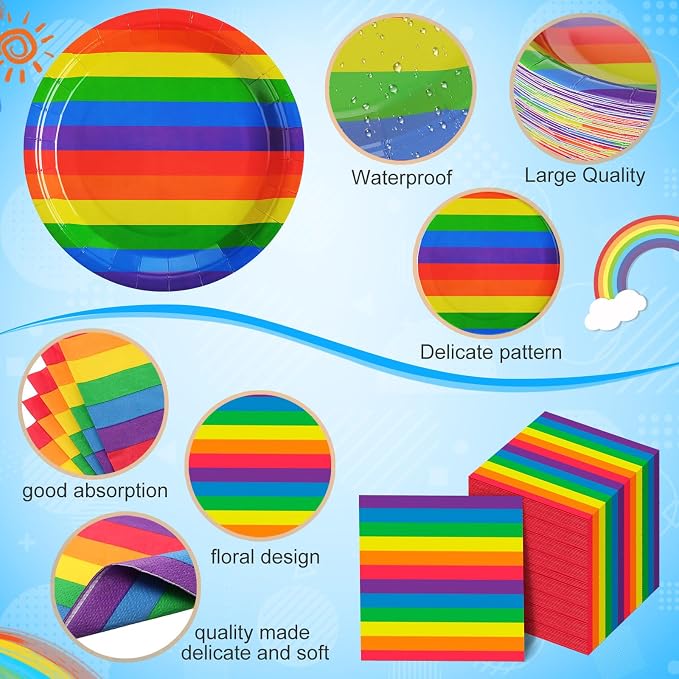 192 Pcs Rainbow Pride Paper Plates Napkins Cups Set, Pride Party Supplies Decorations Serve 25 Guests, Gay Lgbt Disposable Tableware Set