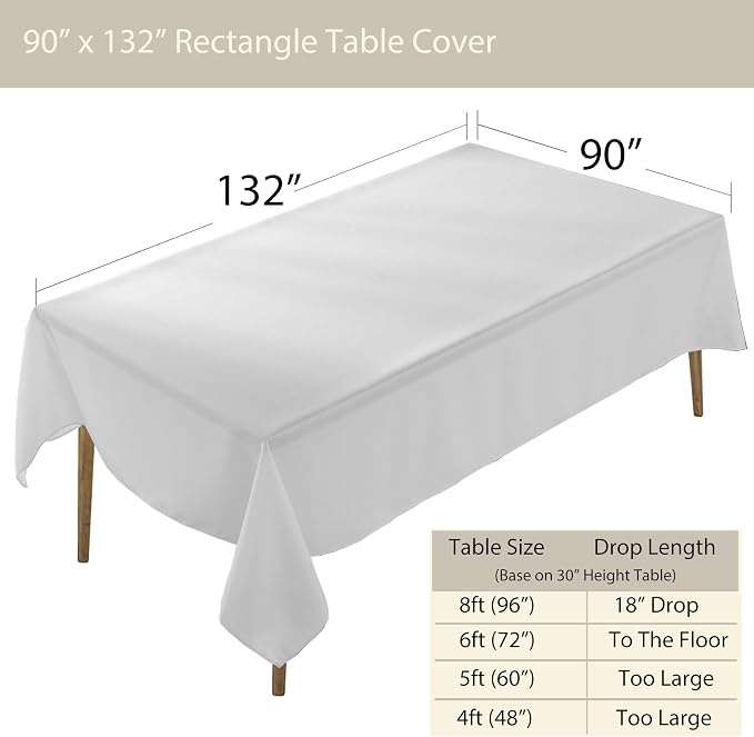 5 Pack Rectangle Tablecloth, 90 x 132 Inch White Tablecloth, 8ft Rectangle Table Cloth, Polyester Fabric Washable Tablecloth for Home, Party, Wedding or Restaurant Use.