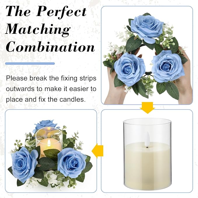 Yunlly 32 Pcs Rose Candle Rings with Flameless Candles Sets, Artificial Flower Eucalyptus Wedding Centerpiece 3 Inch Pillar Candleholders Wreaths for Wedding Party Mother's Day (Blue)