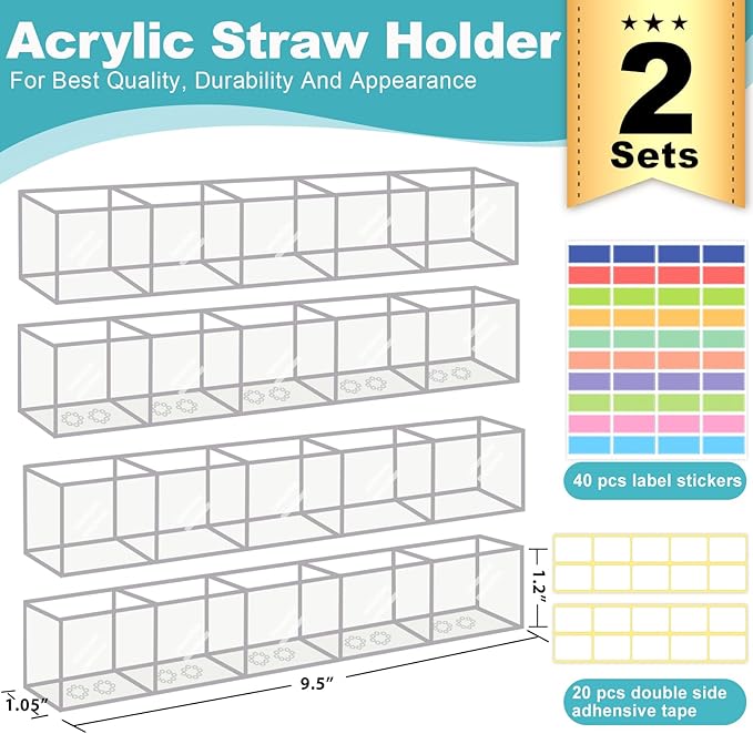 Aheroi 2 Pack Straw Holder, 9.5” Large Acrylic Straw Holder for Cabinet Door with 40pcs Label Stickers &15pcs Adhesive Tape, Reusable Sign Holders Organizer for Kitchen Accessories Storage