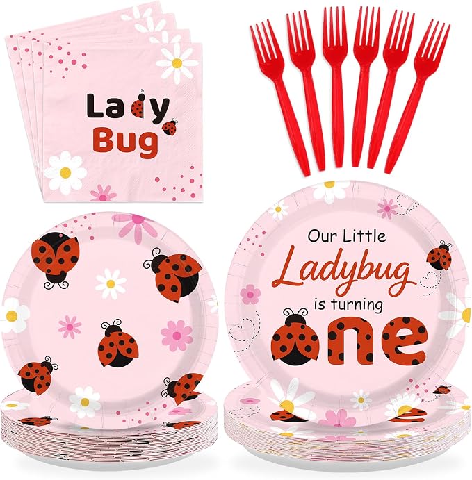 96 Pcs Ladybug 1st Birthday Decorations Pink Bug Plates and Napkins Disposable Tableware Set Cute Bug First Birthday Decoration for One Year Old Girls Ladybug Theme Birthdays Party Supplies Serves 24