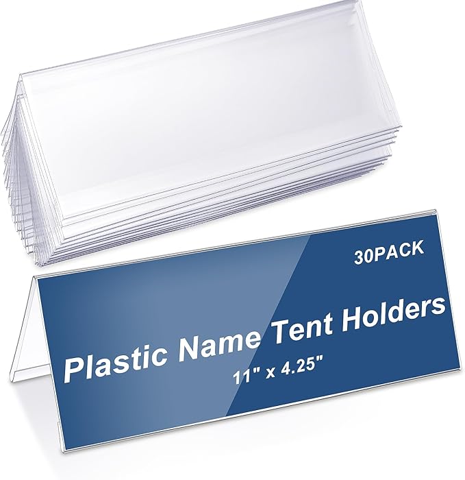 Vicenpal 30 Pieces Clear Plastic Name Tent Holders 11" x 4.25" Acrylic Name Plate for Desk PVC Card Tent Holder Desk Sign Frame for Table Office Business Conference Meeting Room School Display Stand