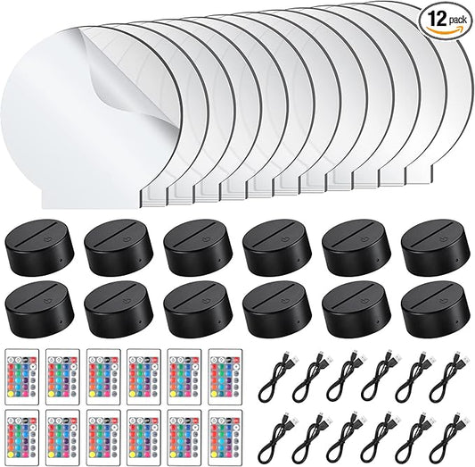 Riakrum 48 Pcs/12 Sets Acrylic Night Lights Clear Acrylic Sheets and 3D Night LED Light Lamp Base with Remote Control USB Cable, DIY LED Lamp Set for Restaurant Bar Cafe Room Decor(Round)