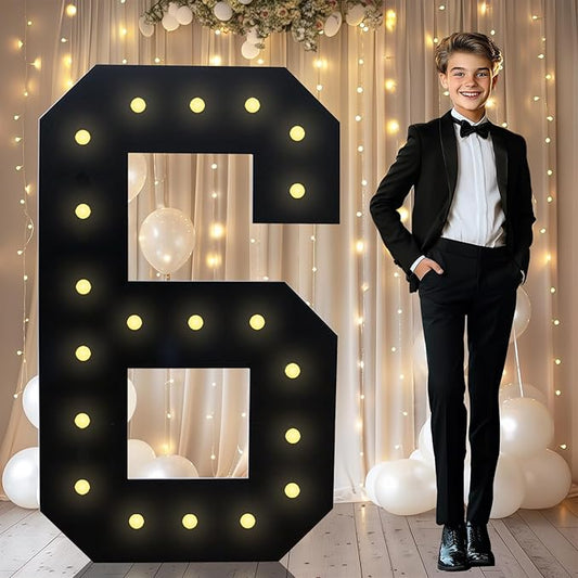 4FT Marquee Light Up Numbers, Black Giant Marquee Number Big Mosaic Number for 6th 16th 60th Birthday Party Decorations Backdrop 6 Anniversary Decor, Pre-Cut Frame Large Number 6