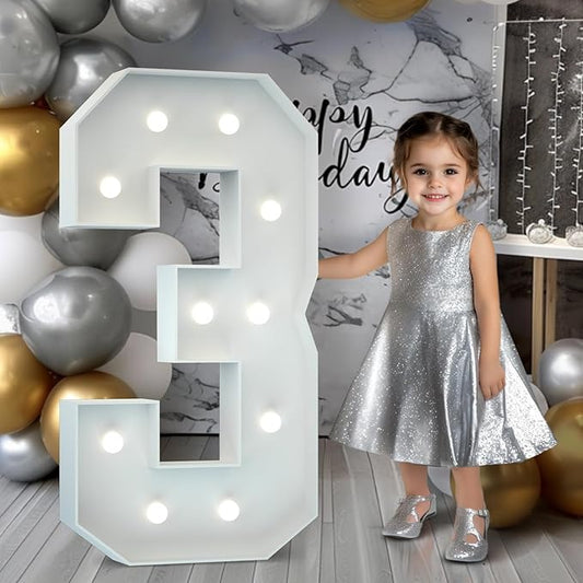 Marquee Numbers 4 Feet Tall: Large 3rd 13th 30th Birthday Decorations for Her Him 4FT Light Up Numbers White Anniversary Party Decor Big Backdrop Foam Cardboard Number 3