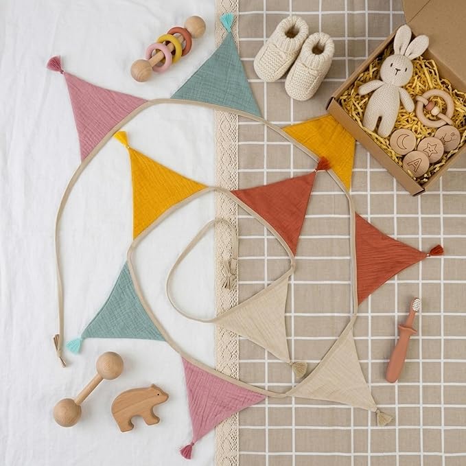 Fabric Bunting Banner, 2 Pack Handmade Neutral String Banner with Tassel Each 8.5 ft 10 Flags Nursery Wall Hanging Wedding Birthday Home Baby Shower Party Decoration Bunting (Pink Candy 2 Packs)