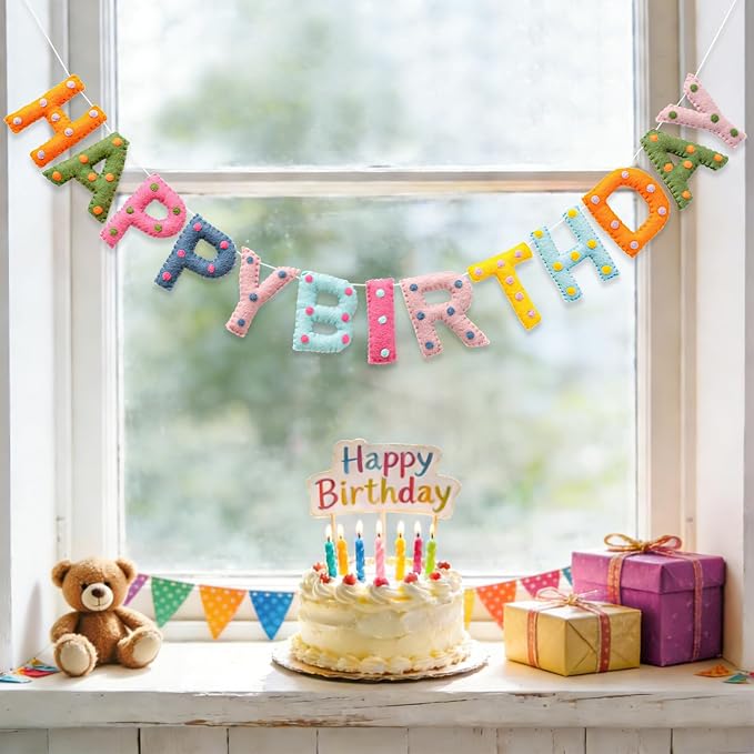 Pre-Strung Handmade Wool Felt Colorful Happy Birthday Banner, Unique 3D Confetti Dots Happy Birthday Garland Decor, Reusable Happy Birthday Sign for Boho Rainbow Party Backdrop Decorations