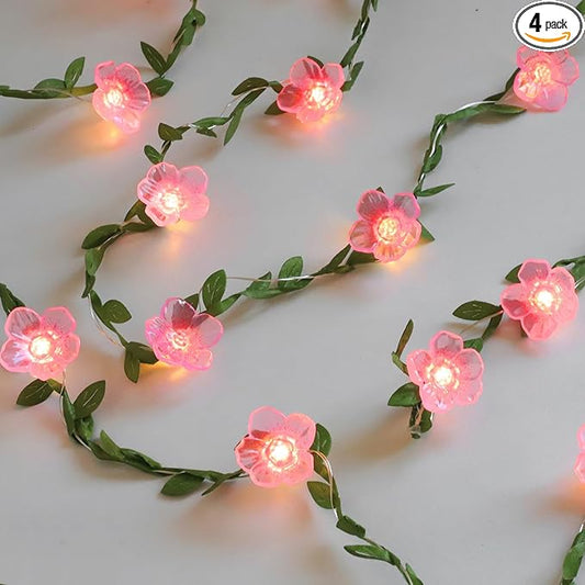 Cherry Blossom Decor Flower String Lights Vines with Fairy Lights Christmas, 30 LED Copper with Remote Control Battery Operated Pink Flower Garland Leaf for Locker, Wall,Christmas Decorations-4 Pack