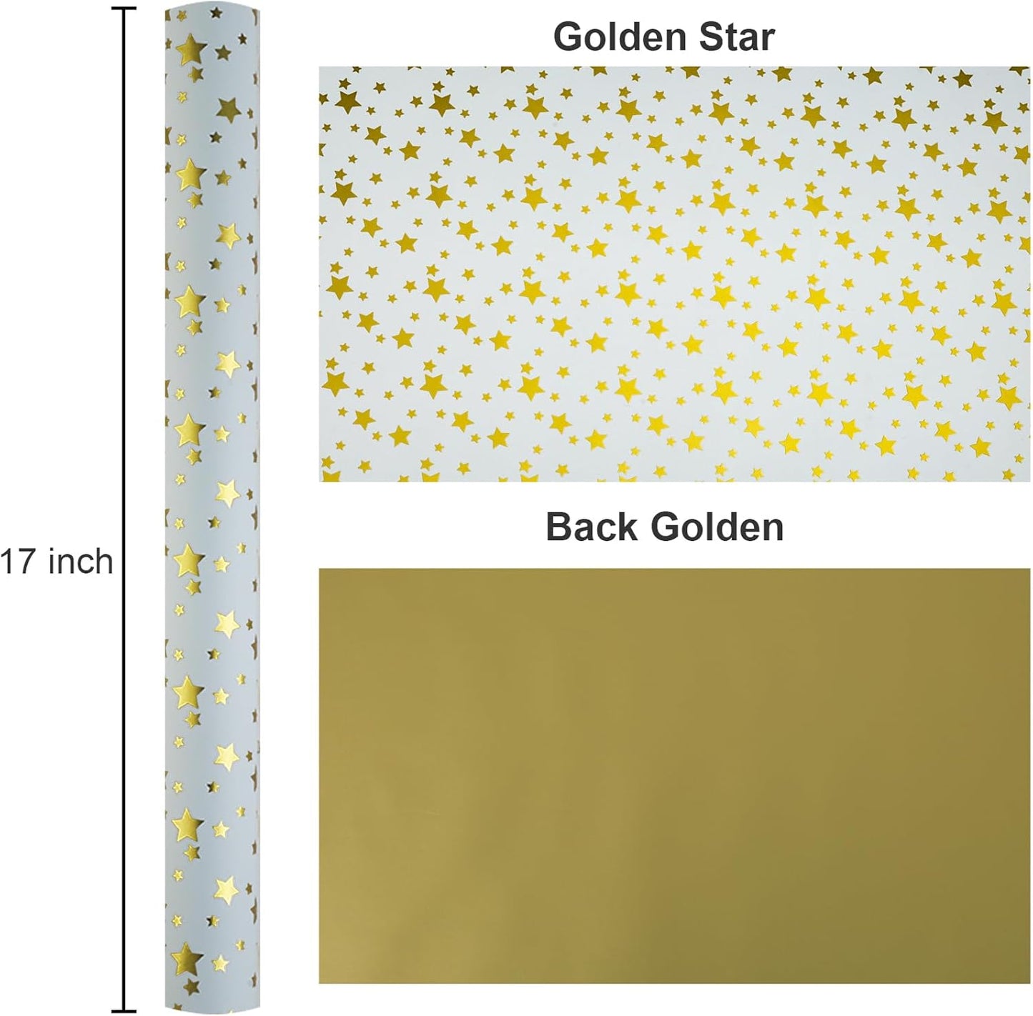Burymento Gold Foil Five-Pointed Star Wrapping Paper, Reversible Gold Gift Wrap for Birthday, Valentines, Mothers day, Graduation, Wedding, Fathers day, Baby Shower, Christmas (17in x 32.8ft)
