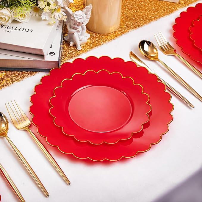 LIYH 60 Pcs Red Plastic Plates Disposable with Gold Edge Scalloped Red Gold Disposable Plates Includes 30 Dessert & 30 Dinner Plate Dishes Tableware for Party